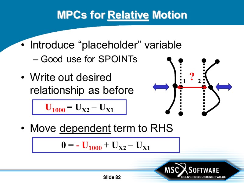 Slide 82 MPCs for Relative Motion Introduce “placeholder” variable Good use for SPOINTs 1